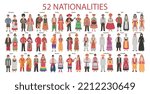 Big set of men and women in folk costumes from different countries. Set of people in ethnic clothes. Character for children. Flat vector illustration.