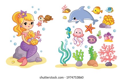 Big set with a mermaid and sea animals. Vector illustration in cartoon style on a marine theme.