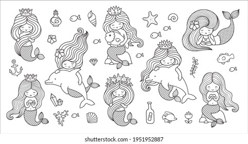 Big set of mermaids for coloring book. Collection of cute cartoon characters. Under the sea. Vector outline illustrations.	