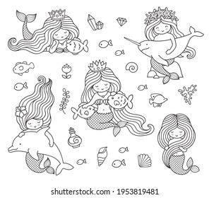 Big set mermaids and different animals  Dolphin  narwhal  fish  Under the sea  Vector outline illustrations for coloring book 	