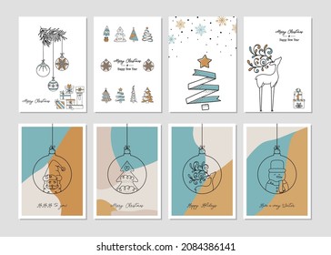 Big set of Merry Christmas greeting card with new year text quote and minimalist decoration.