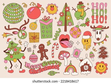 Big set of Merry Christmas groovy retro 70s elements. Groovy Hippie holiday collection clip art. Christmas tree mascot, xmas tree, emoji, gifts, trendy objects. Vector hand drawn illustration.