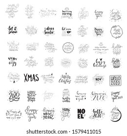 Big Set of  Merry Christmas and Happy New Year 2020 handlettered card designs. Christmas phrases. Merry Christmas. Hapy New Year. 2020.