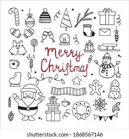 Big set of Merry Christmas, Happy New Year design doodle elements. Hand drawn vector illustration in doodle style isolated on white background
