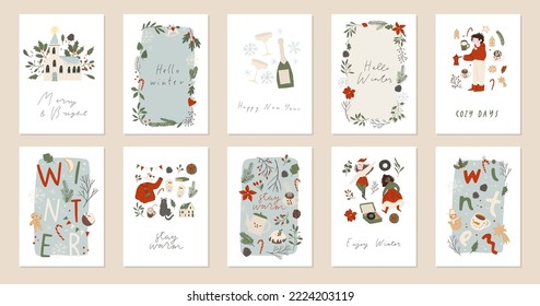 Big set of Merry Christmas and Happy New year winter cards and posters. Cute cartoon flat vector illustration art collection. Big collection with gift boxes, fir branch, people and Xmas tree isolated