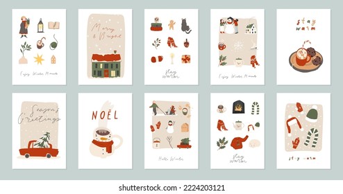 Big set of Merry Christmas and Happy New year winter cards and posters. Cute cartoon flat vector illustration art collection. Big collection with gift boxes, fir branch, people and Xmas tree isolated