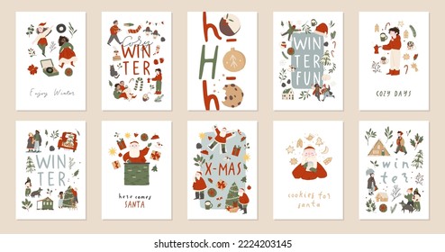 Big set of Merry Christmas and Happy New year winter cards and posters. Cute cartoon flat vector illustration art collection. Big collection with gift boxes, fir branch, people and Xmas tree isolated