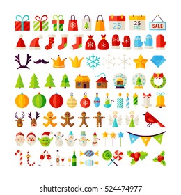Big Set Merry Christmas Objects. Flat Design Vector Illustration. Happy New Year Colorful Items. 