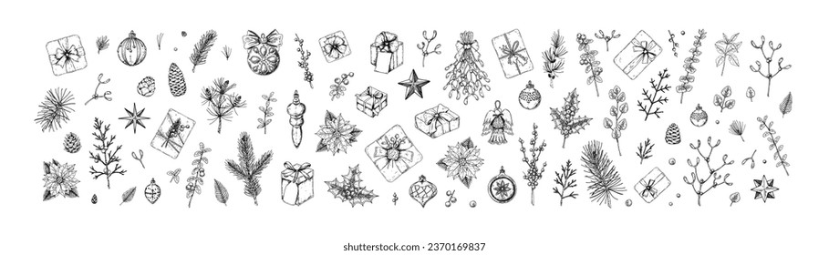 Gran conjunto de Feliz Navidad y Feliz decoración de Año Nuevo. Ramas de árbol de Navidad, mistletoe, flor de poinsettia, bolas, figura de ángel, estrellas en estilo de sketch. Diseño para tarjetas de felicitación, certificados