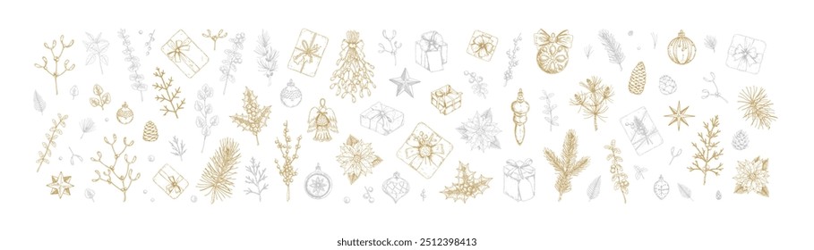 Big set of Merry Christmas snd Happy New Year decoration. Christmas tree branches, mistletoe, poinsettia flower, balls, angel figure, stars in sketch style. Design for greeting cards, certificates