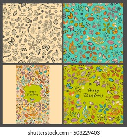 Big set of Merry Christmas. Two seamless patterns. Greeting card and vertical seamless border.