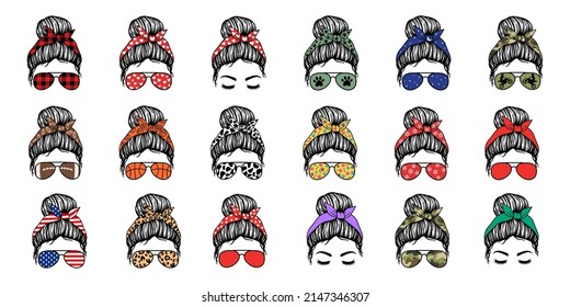 Gran juego de Messy Bun. Mujeres con gafas de aviador, bandana. El estilo de vida de Bun Mom. Ilustración vectorial. Aislado sobre fondo blanco. Bueno para carteles, camisetas, postales.