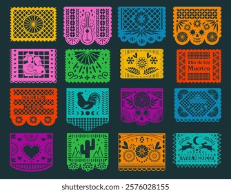 Big set of Mexican Decorative Papel Picado Garland with Ornament, Sombrero Hat and Maracas. Paper Cutting Flags, Day of the Dead Pattern Garland