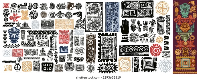 Big set of Mexican gods symbols. Colored abstract aztec animal bird totem idols, ancient inca maya civilization primitive traditional signs. Vector indigenous culture symbols and mythic rituals.