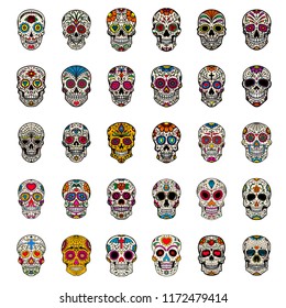 Big set of mexican sugar skulls isolated on white background. Design element for poster, card, t shirt. Vector image