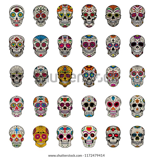 Big Set Mexican Sugar Skulls Isolated Stock Vector (Royalty Free ...