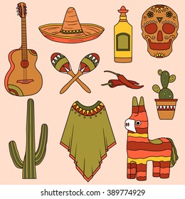 Big set of mexican symbols. Hand drawn icons collection, Mexico set. Vector background with sketch objects. Colorful elements. Illustration with traditional elements
