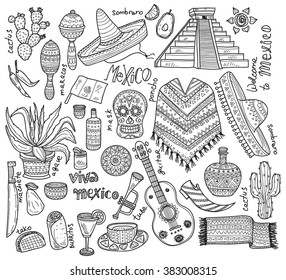 Big set of Mexico related hand drawn icons including pyramid, maracas, poncho, food, cactus and others. Doodle vector Mexico related collection