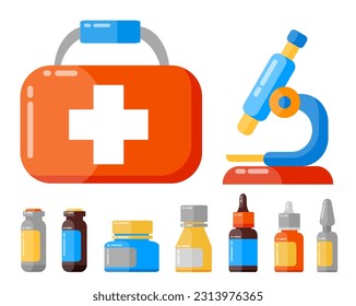 Große Menge Mikroskop, Flaschen mit Pillen, Streuung für Rachen, Ampullen und andere Arzneimittel für die Gesundheitsversorgung. Illustration für Webseiten, mobile Anwendungen, Poster und Banner. Medizinischer Begriff