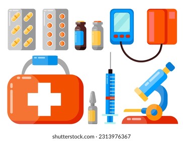 Big set of microscope, bottles with pills, sprey for throat, ampules and other medicine for healthcare. Illustration for websites, mobile applications, posters and banners. Medical concept