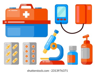 Big set of microscope, bottles with pills, sprey for throat, ampules and other medicine for healthcare. Illustration for websites, mobile applications, posters and banners. Medical concept