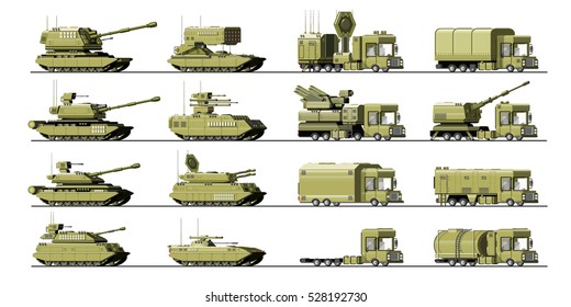 Big set of military equipment. Heavy, reservations and special transport. Equipment for the war. The missile, tanks, trucks, armored vehicles, artillery pieces. Isolated objects. Vector illustration