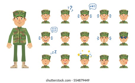 Big Set Of Military Man Emoticons. Soldier Avatars Showing Different Facial Expressions. Happy, Sad, Smile, Laugh, Cry, Surprised, Serious, Dizzy, Sleepy And Other Emotions. Simple Vector Illustration