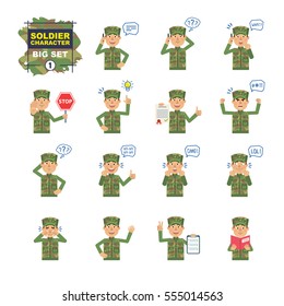 Big set of military man emoticons showing different actions, gestures, emotions. Cheerful soldier talking on phone, holding stop sign, document and doing other actions. Simple vector illustration