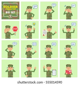 Big set of military man emoticons showing different actions, gestures, emotions. Cheerful soldier talking on phone, holding stop sign, document and doing other actions. Simple vector illustration