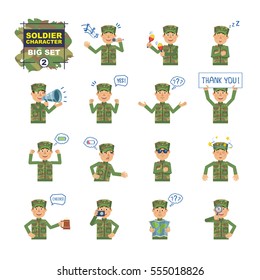 Big set of military man emoticons showing different actions, gestures, emotions. Cheerful soldier singing, sleeping, holding loudspeaker, banner and doing other actions. Simple vector illustration