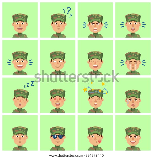 軍人の顔文字の大きなセット さまざまな表情を見せる歩兵のアバター 幸せ 悲しみ ほほ笑み 笑い 泣き 驚き 深刻な 目まい 眠そう その他の感情 簡単なベクターイラスト のベクター画像素材 ロイヤリティフリー