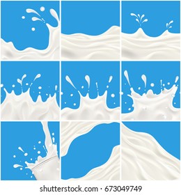 Big set of Milk or yogurt splash vector realistic illustration for product design or advertising needs