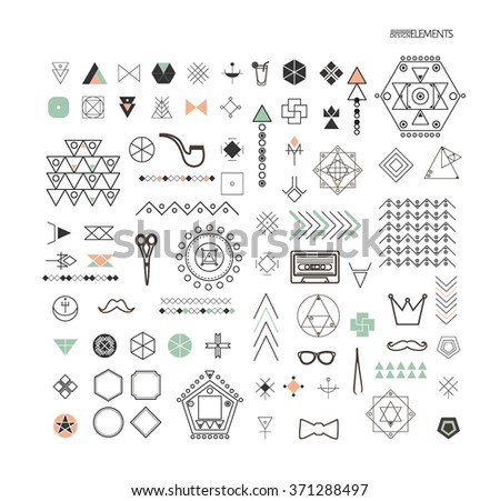 Big Set of minimal geometric linear shapes. Business signs, labels, trendy hipster icons and logotypes. Collection of different geometric elements, business icons and logotypes. Isolated.