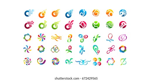 Big Set  of minimal geometric multicolor symbol set shapes. Trendy icons and logotypes. Business signs symbols, labels, badges, frames and borders 