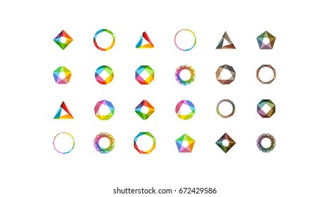 Big set of minimal geometric multicolor symbol set shapes. Trendy icons and logotypes. Business signs symbols, labels, badges, frames and borders