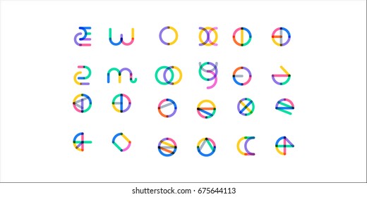 Gran conjunto de formas de símbolo geométrico multicolor mínimo. Iconos y logos de moda. Símbolos, etiquetas, insignias, marcos y bordes de los signos comerciales 