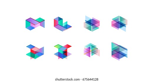 Big set of minimal geometric multicolor symbol shapes. Trendy icons and logos. Business signs symbols, labels, badges, frames and borders 