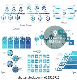 Big set of minimal infographic design templates in blue color. Elements for timelines, workflow charts, diagrams and website maps. Vector illustration for presentation, brochure, banner, report.