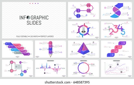 Big set of minimal infographic design templates. Graphs, workflow and bar charts, round and cutaway diagrams with percentage indication. Vector illustration for presentation, report, banner, website.