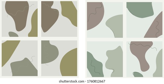 Gran conjunto de fondos minimalistas con formas y líneas abstractas, objetos de doodle. Ilustración vectorial moderna. colores pastel verdes. Cada patrón está aislado. vectores 10
