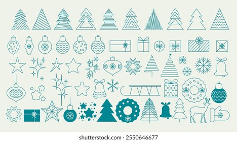 Big set of minimalistic geometric Christmas elements linear style. Abstract Xmas decoration. Vector vintage elements in linear. Christmas trees, balls, gifts, snowflakes, stars. Line is easy to edit