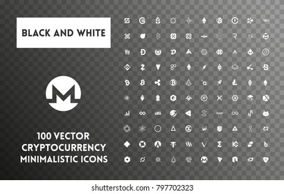Big set of minimalistic icons vector black and white cryptocurrency icons. White icons on a transparent background