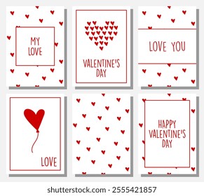 Big set of Minimalistic posters for Valentine's Day. Posters with red hearts and lettering. Design for print, web. Love. Valentine's day concept template. Card, poster, cover set, banners, layout