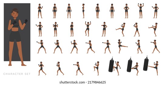 Big Set of Mixed Martial Arts woman character vector design. Presentation in various action with emotions, running, standing and walking.