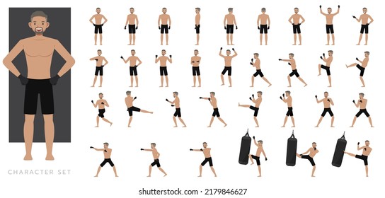 Big Set of Mixed Martial Arts man character vector design. Presentation in various action with emotions, running, standing and walking.