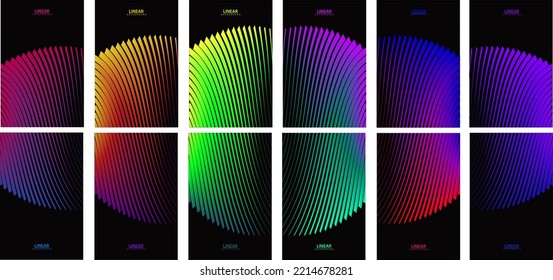 Big set of modern covers with wavy lines. Fluorescent stripes on black background. Abstract geometric vector pattern. Colourful futuristic backgrounds.