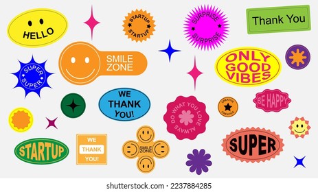 Big set modern cute smiling cartoon label stickers shape. Colorful vector illustration flat style for print.