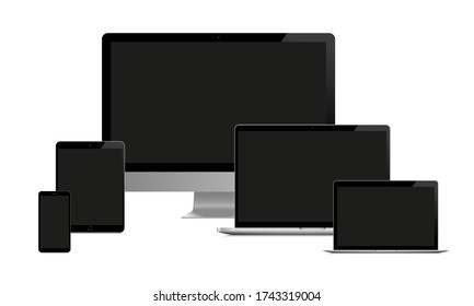 Big set of modern devices: smartphone, tablet, computer display, laptop and ultralight notebook with blank black screen. Realistic mockup. Vector illustration.