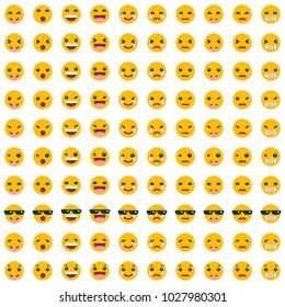 Big Set of Modern Emojis, Emoticons Flat Vector Illustration Symbols. Hundred World Emotions in Yellow Expressions. Happy, Sad, Angry, Eager, Surprised, Shocked, and Confused Smileys