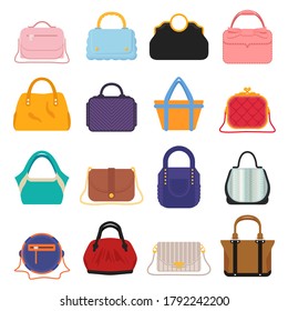 Gran conjunto moderno moda embrague femenino y bolsas de diferentes estilos de ilustración vectorial plana 